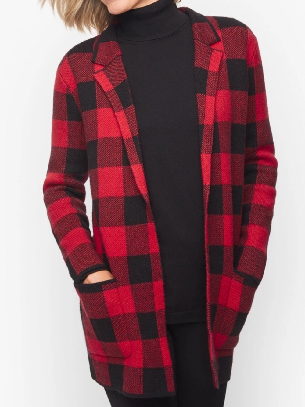 Talbots Plus 1X Red Black Buffalo Plaid Sweater Jacket Coatigan